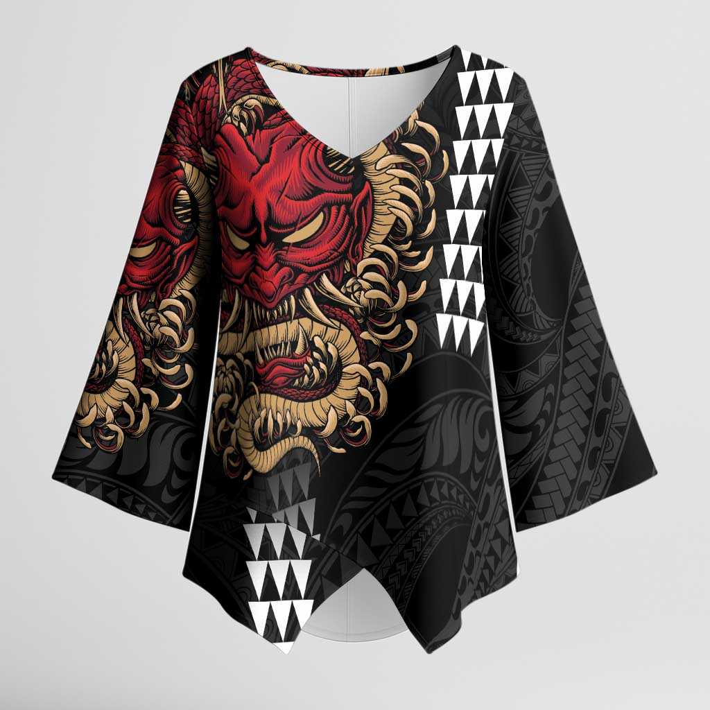 Hawaii and Japanese Oni Mask Personalised Kimono Sleeve Blouse Kakau Pattern Dark Art Style - Polynesian Pride
