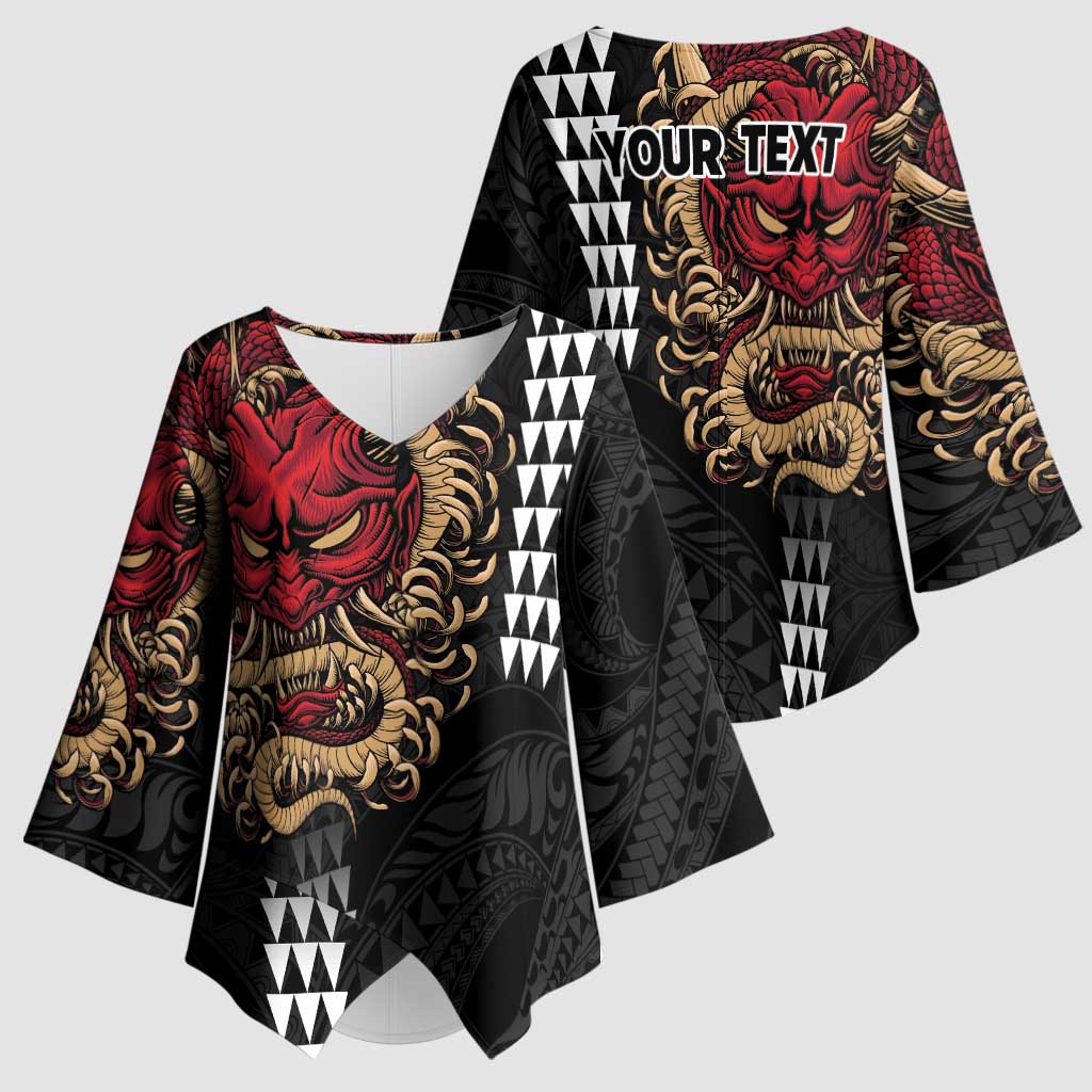 Hawaii and Japanese Oni Mask Personalised Kimono Sleeve Blouse Kakau Pattern Dark Art Style - Polynesian Pride