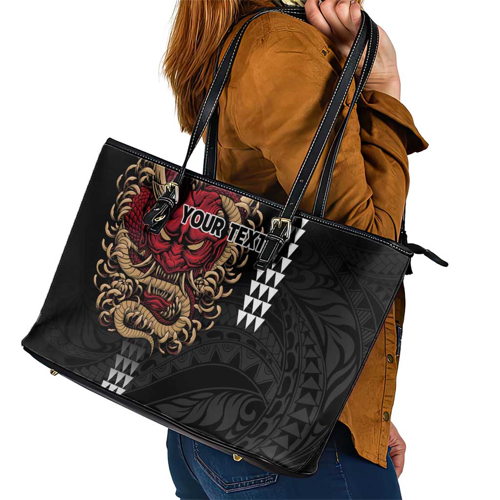 Hawaii and Japanese Oni Mask Personalised Leather Tote Bag Kakau Pattern Dark Art Style