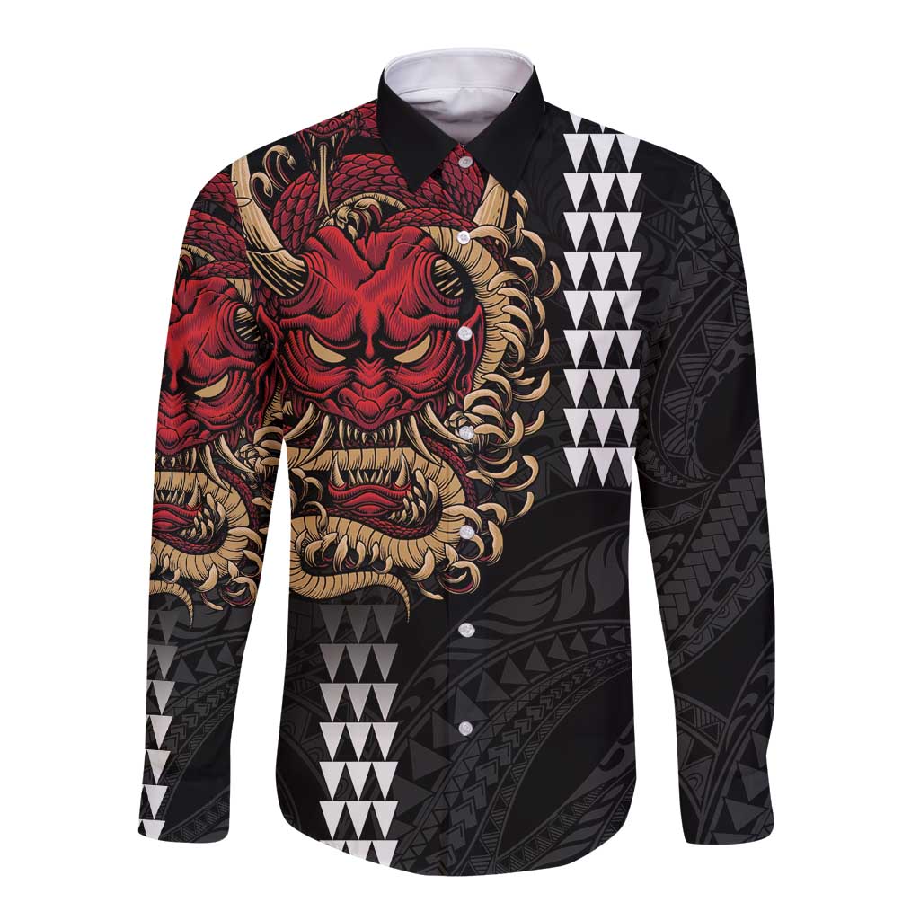 Hawaii and Japanese Oni Mask Personalised Long Sleeve Button Shirt Kakau Pattern Dark Art Style LT9 Unisex Black - Polynesian Pride