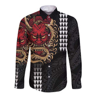 Hawaii and Japanese Oni Mask Personalised Long Sleeve Button Shirt Kakau Pattern Dark Art Style LT9 Unisex Black - Polynesian Pride