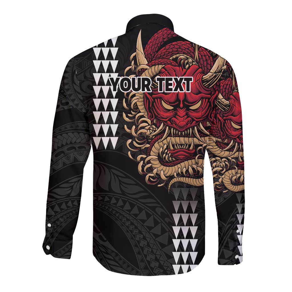 Hawaii and Japanese Oni Mask Personalised Long Sleeve Button Shirt Kakau Pattern Dark Art Style LT9 - Polynesian Pride