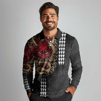 Hawaii and Japanese Oni Mask Personalised Long Sleeve Polo Shirt Kakau Pattern Dark Art Style