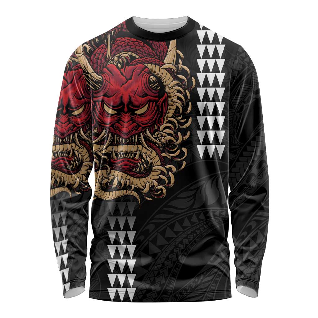Hawaii and Japanese Oni Mask Personalised Long Sleeve Shirt Kakau Pattern Dark Art Style LT9 Unisex Black - Polynesian Pride