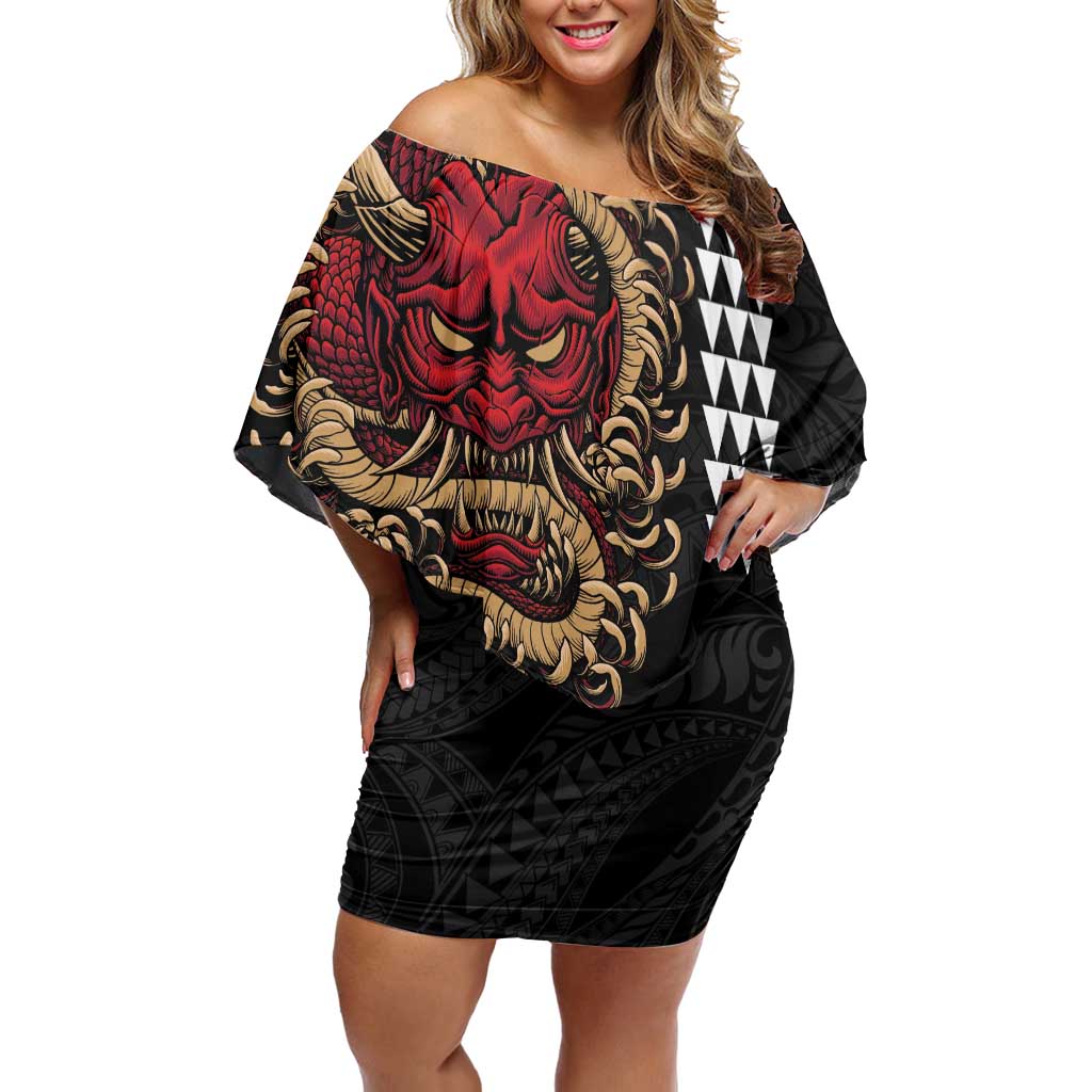 Hawaii and Japanese Oni Mask Personalised Off Shoulder Short Dress Kakau Pattern Dark Art Style