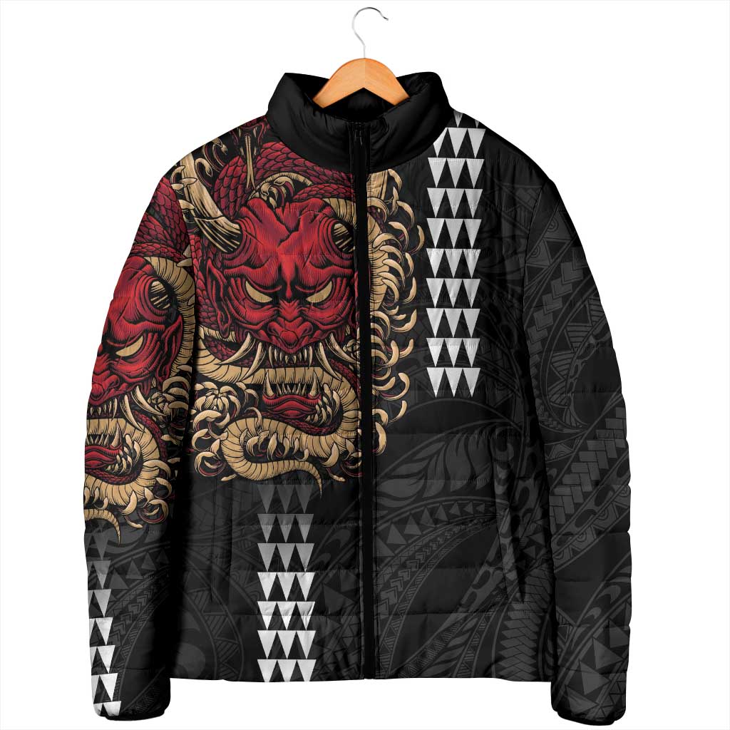 Hawaii and Japanese Oni Mask Personalised Padded Jacket Kakau Pattern Dark Art Style - Polynesian Pride