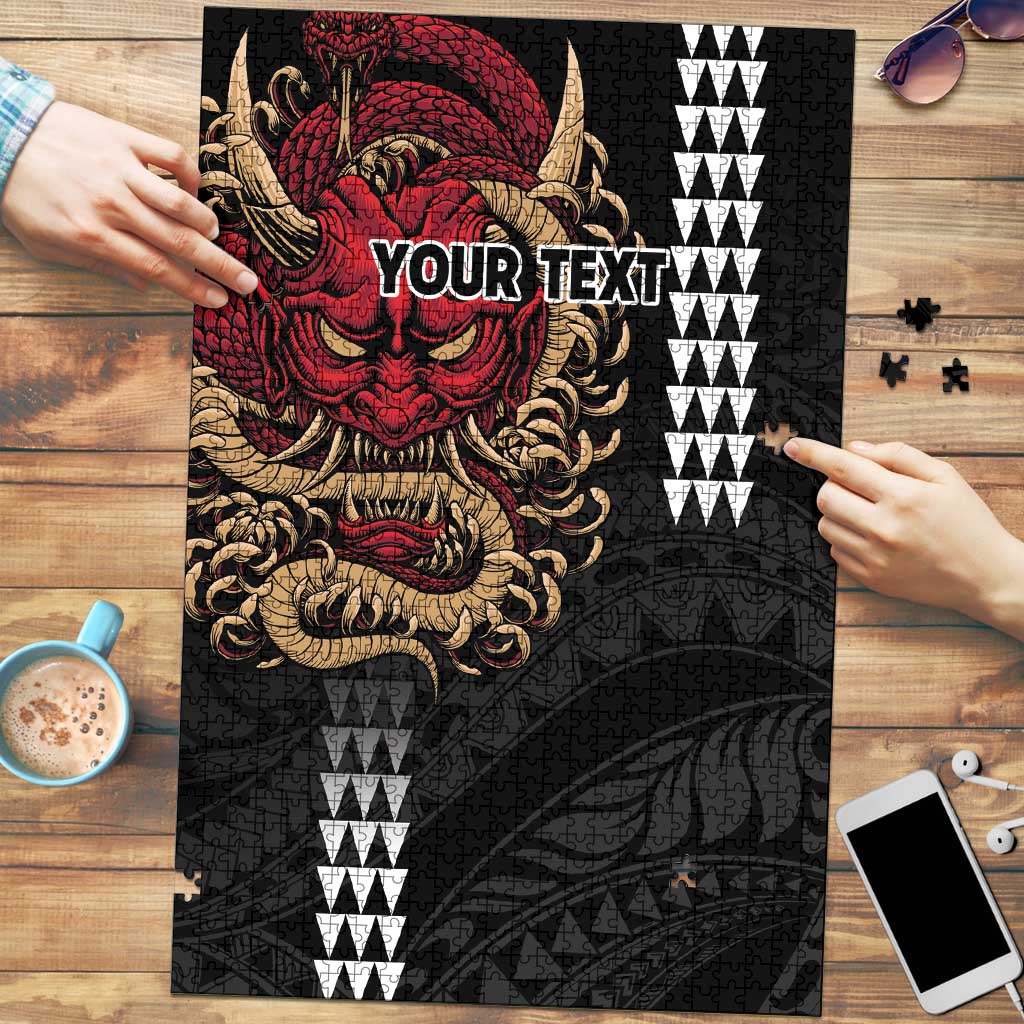 Hawaii and Japanese Oni Mask Personalised Puzzle Kakau Pattern Dark Art Style LT9 Black - Polynesian Pride