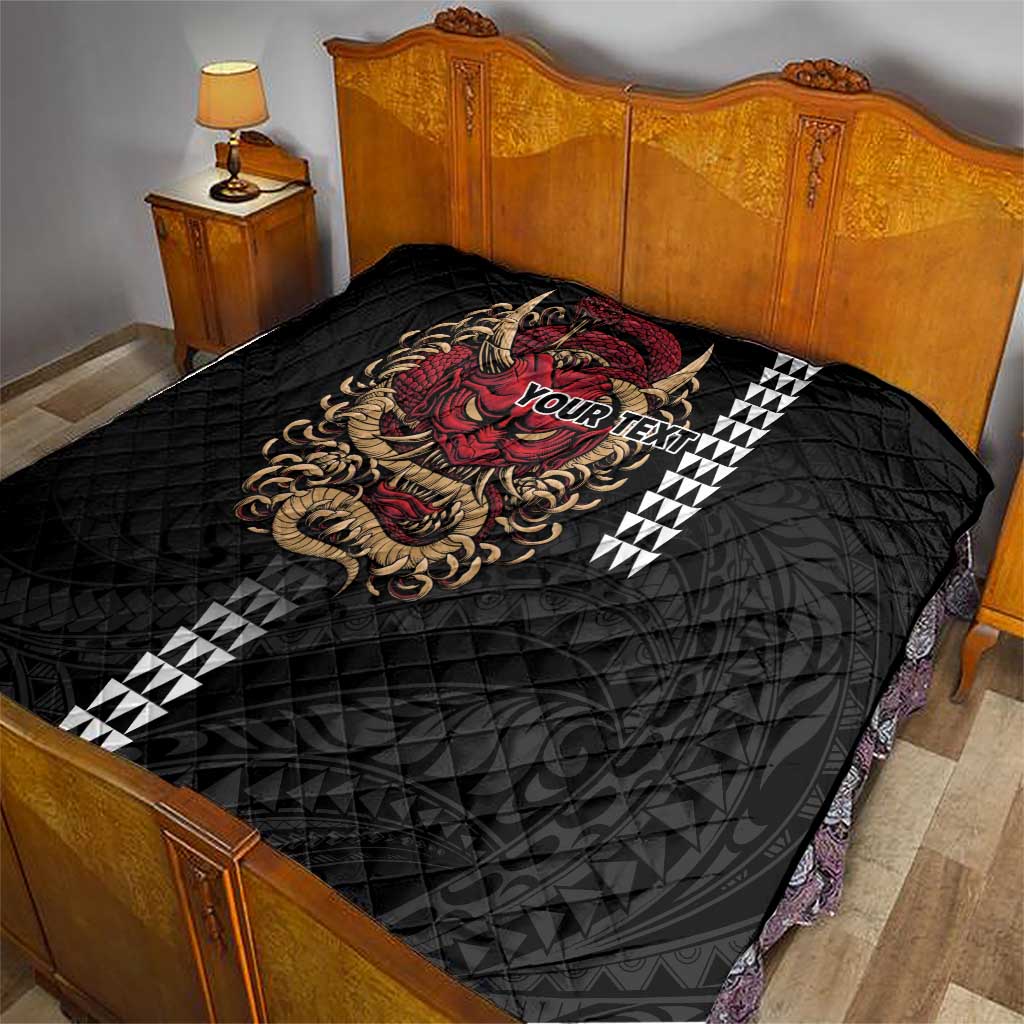 Hawaii and Japanese Oni Mask Personalised Quilt Kakau Pattern Dark Art Style