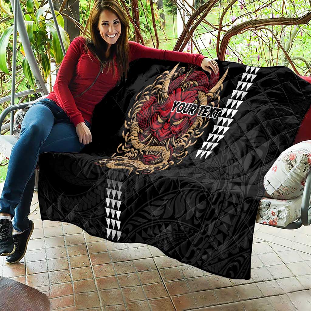 Hawaii and Japanese Oni Mask Personalised Quilt Kakau Pattern Dark Art Style