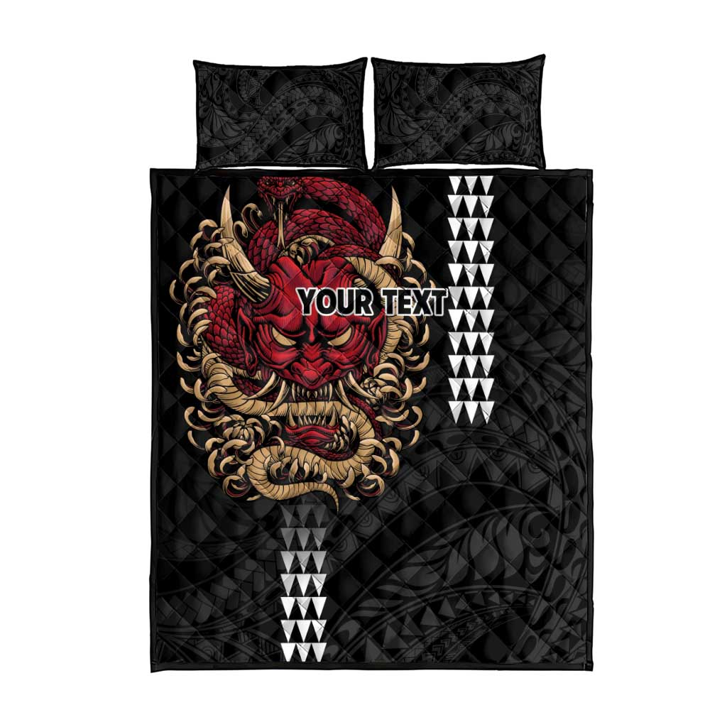 Hawaii and Japanese Oni Mask Personalised Quilt Bed Set Kakau Pattern Dark Art Style