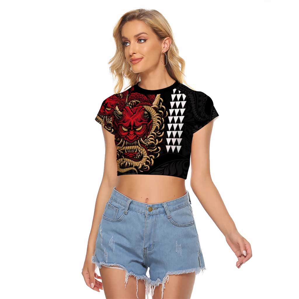 Hawaii and Japanese Oni Mask Personalised Raglan Cropped T Shirt Kakau Pattern Dark Art Style LT9 Female Black - Polynesian Pride