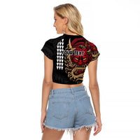Hawaii and Japanese Oni Mask Personalised Raglan Cropped T Shirt Kakau Pattern Dark Art Style LT9 - Polynesian Pride