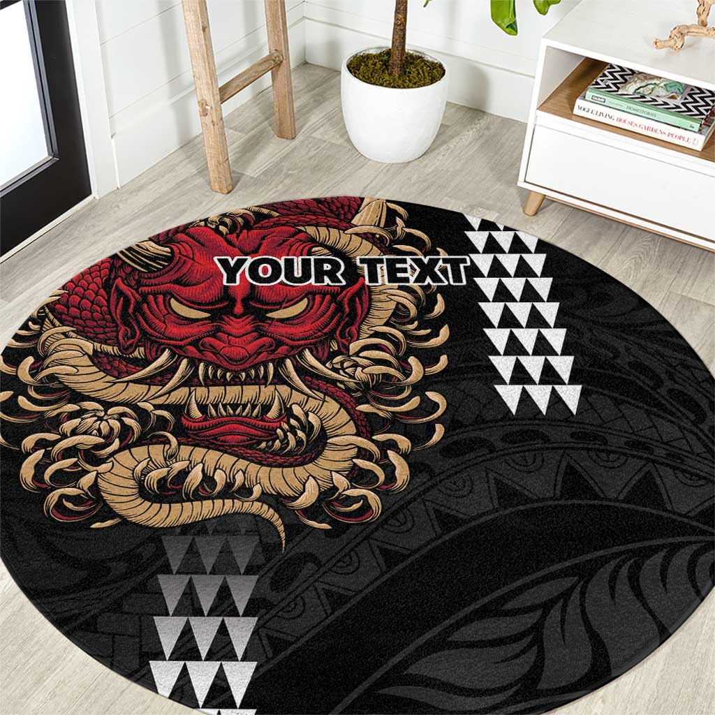 Hawaii and Japanese Oni Mask Personalised Round Carpet Kakau Pattern Dark Art Style