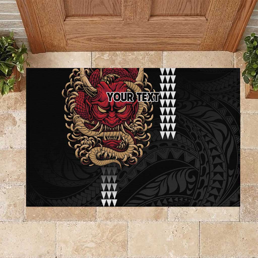 Hawaii and Japanese Oni Mask Personalised Rubber Doormat Kakau Pattern Dark Art Style LT9 Black - Polynesian Pride