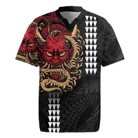 Hawaii and Japanese Oni Mask Personalised Rugby Jersey Kakau Pattern Dark Art Style