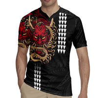 Hawaii and Japanese Oni Mask Personalised Rugby Jersey Kakau Pattern Dark Art Style