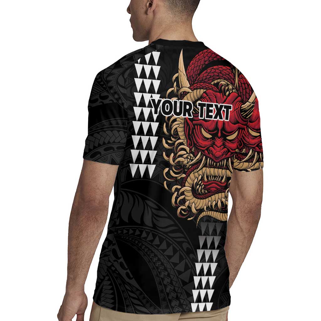 Hawaii and Japanese Oni Mask Personalised Rugby Jersey Kakau Pattern Dark Art Style
