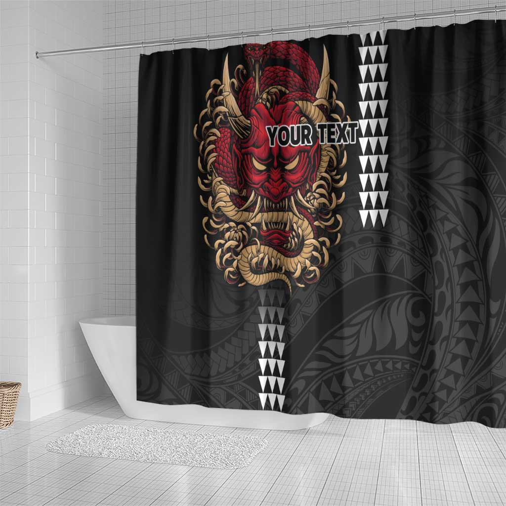 Hawaii and Japanese Oni Mask Personalised Shower Curtain Kakau Pattern Dark Art Style