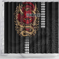 Hawaii and Japanese Oni Mask Personalised Shower Curtain Kakau Pattern Dark Art Style