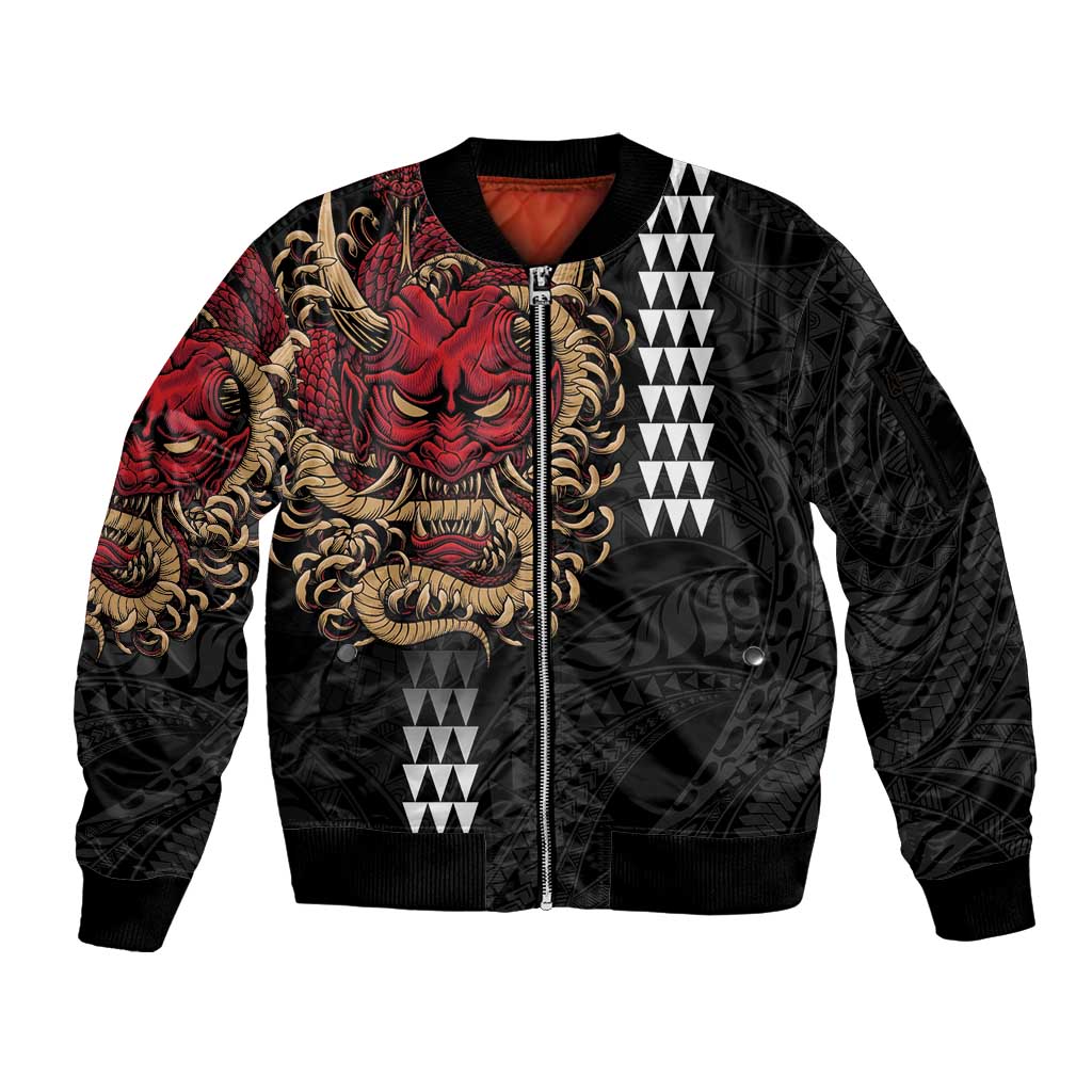 Hawaii and Japanese Oni Mask Personalised Sleeve Zip Bomber Jacket Kakau Pattern Dark Art Style LT9 Unisex Black - Polynesian Pride