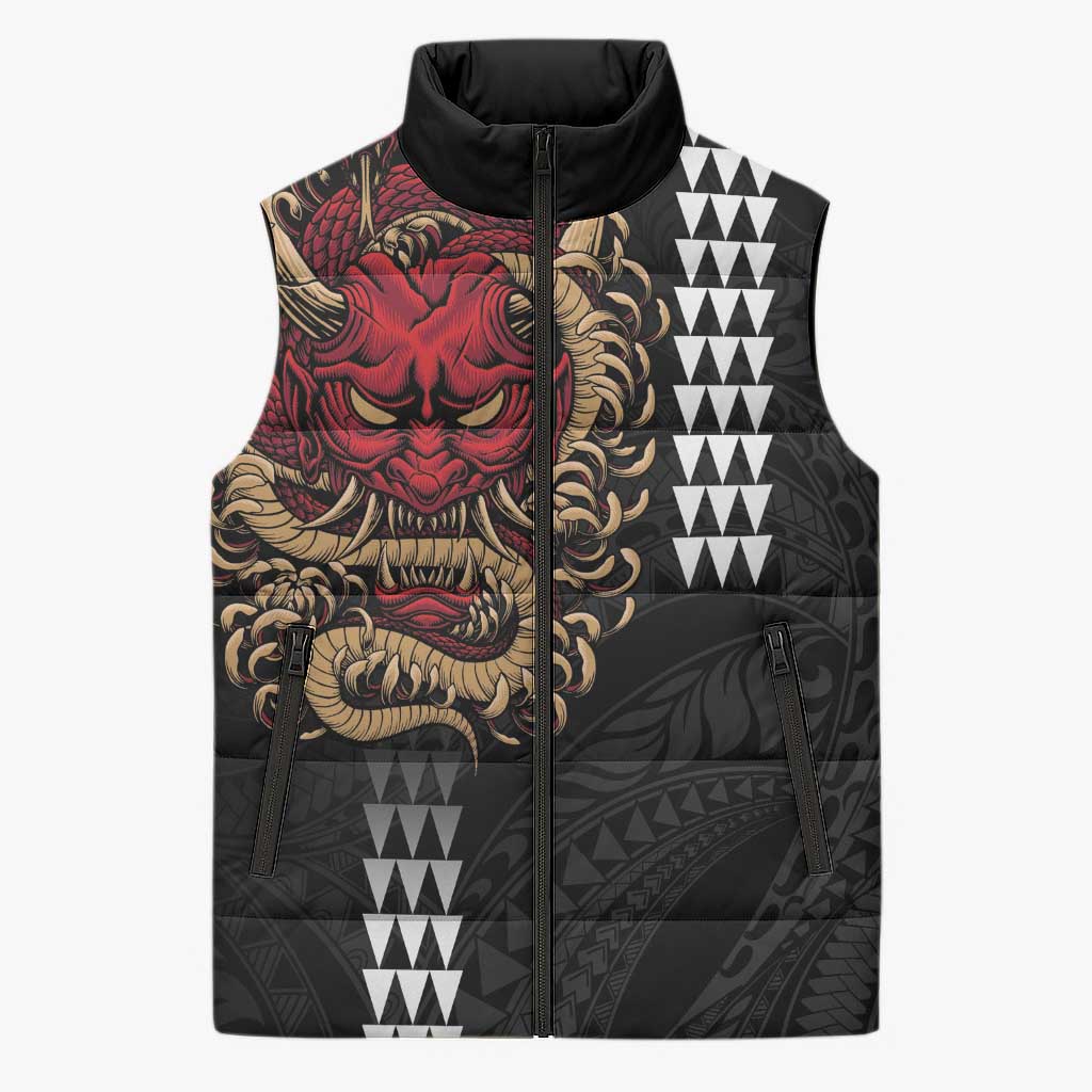 Hawaii and Japanese Oni Mask Personalised Sleeveless Puffer Jacket Kakau Pattern Dark Art Style LT9 Unisex Black - Polynesian Pride