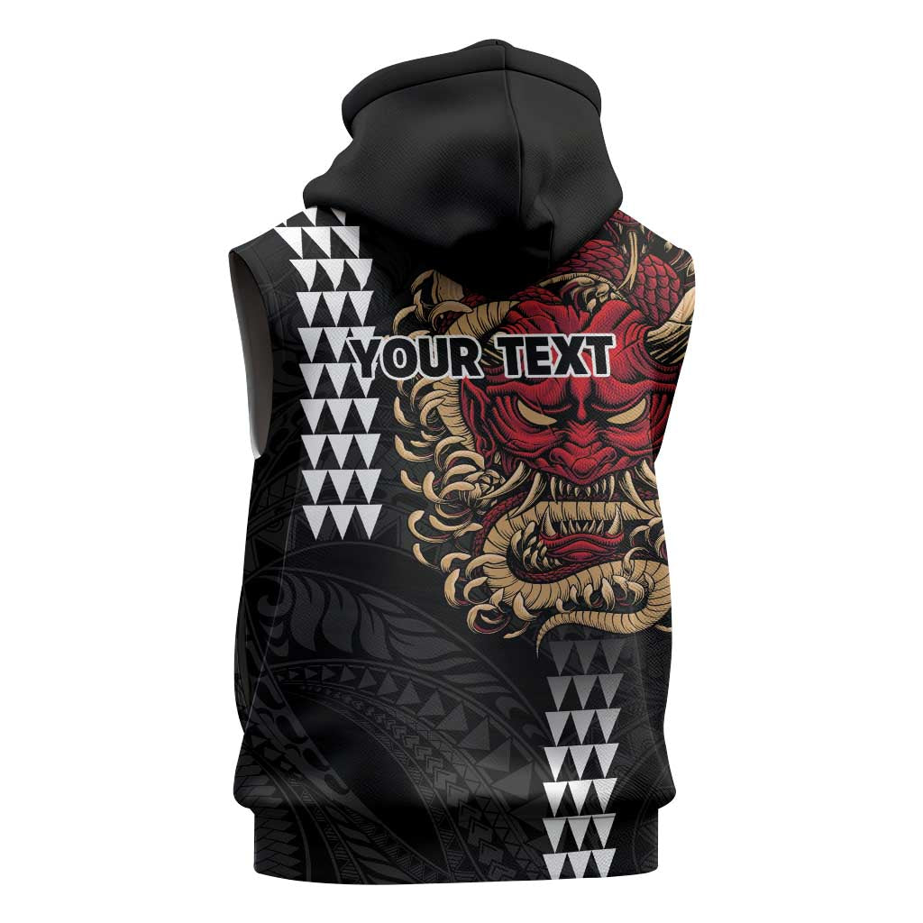 Hawaii and Japanese Oni Mask Personalised Sleeveless Zip Hoodie Kakau Pattern Dark Art Style - Polynesian Pride