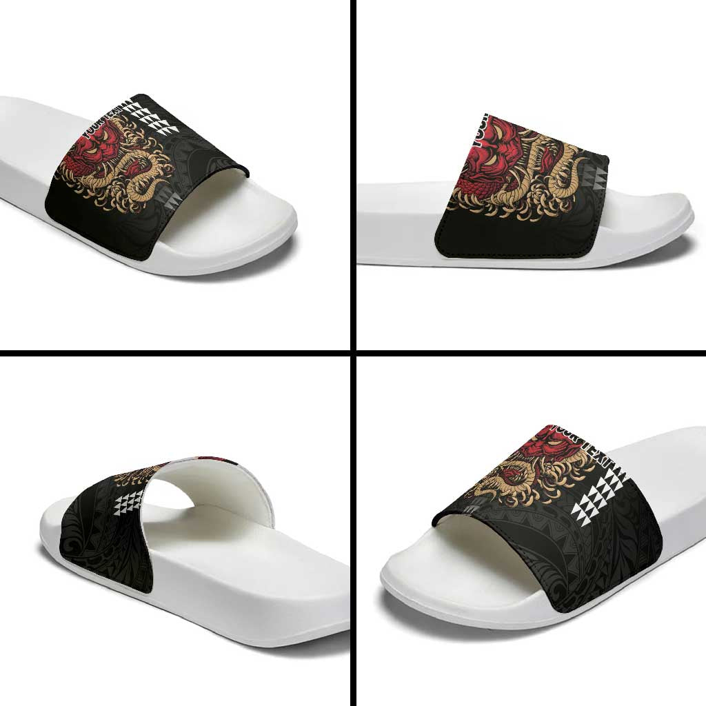 Hawaii and Japanese Oni Mask Personalised Slide Sandals Kakau Pattern Dark Art Style - Polynesian Pride