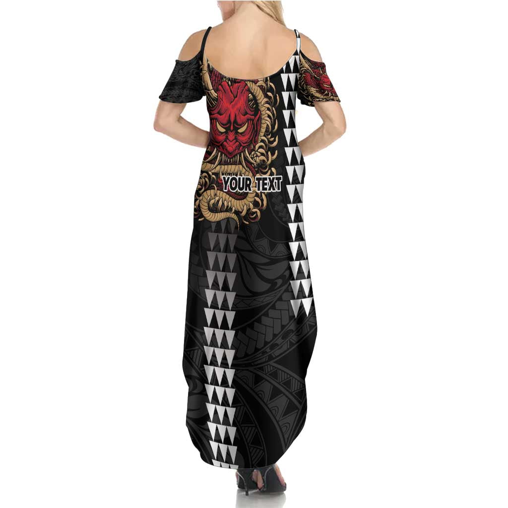 Hawaii and Japanese Oni Mask Personalised Summer Maxi Dress Kakau Pattern Dark Art Style