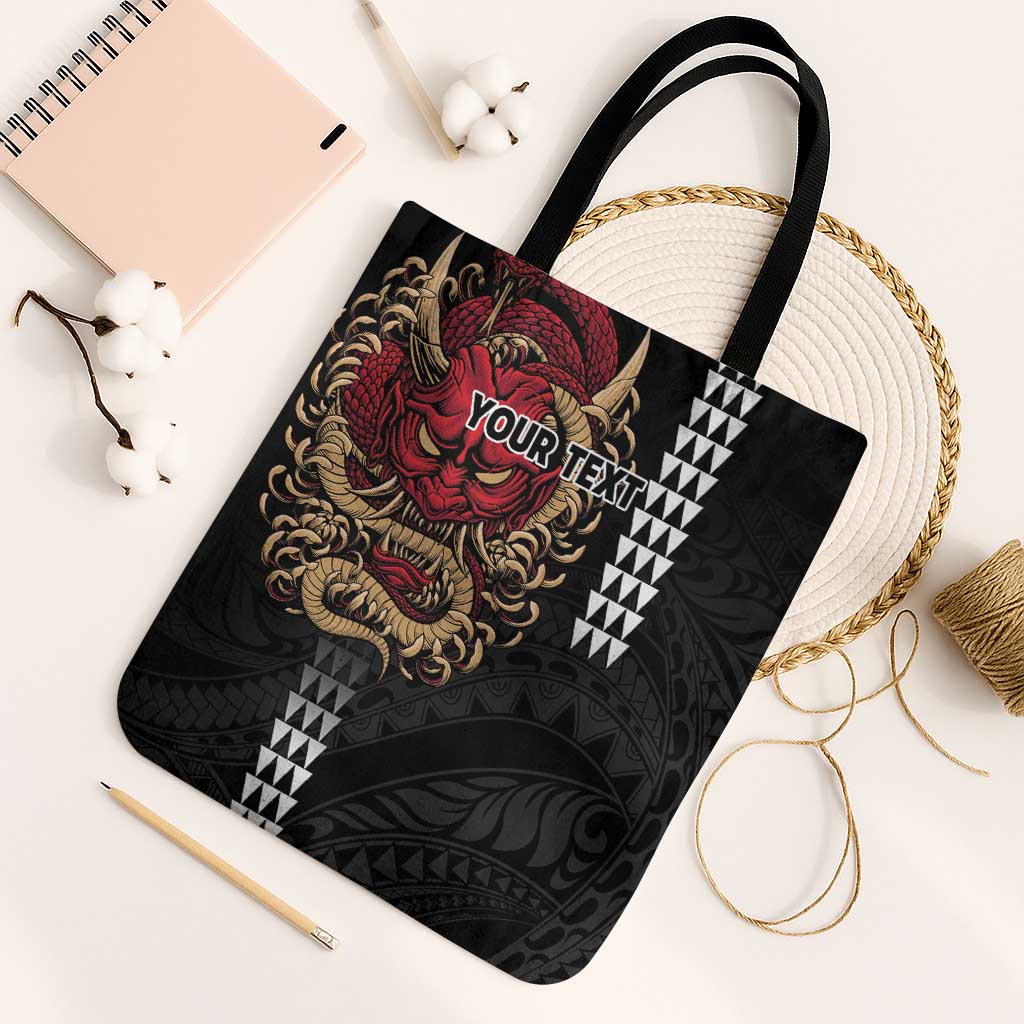 Hawaii and Japanese Oni Mask Personalised Tote Bag Kakau Pattern Dark Art Style LT9 Black Strap One Size Black - Polynesian Pride