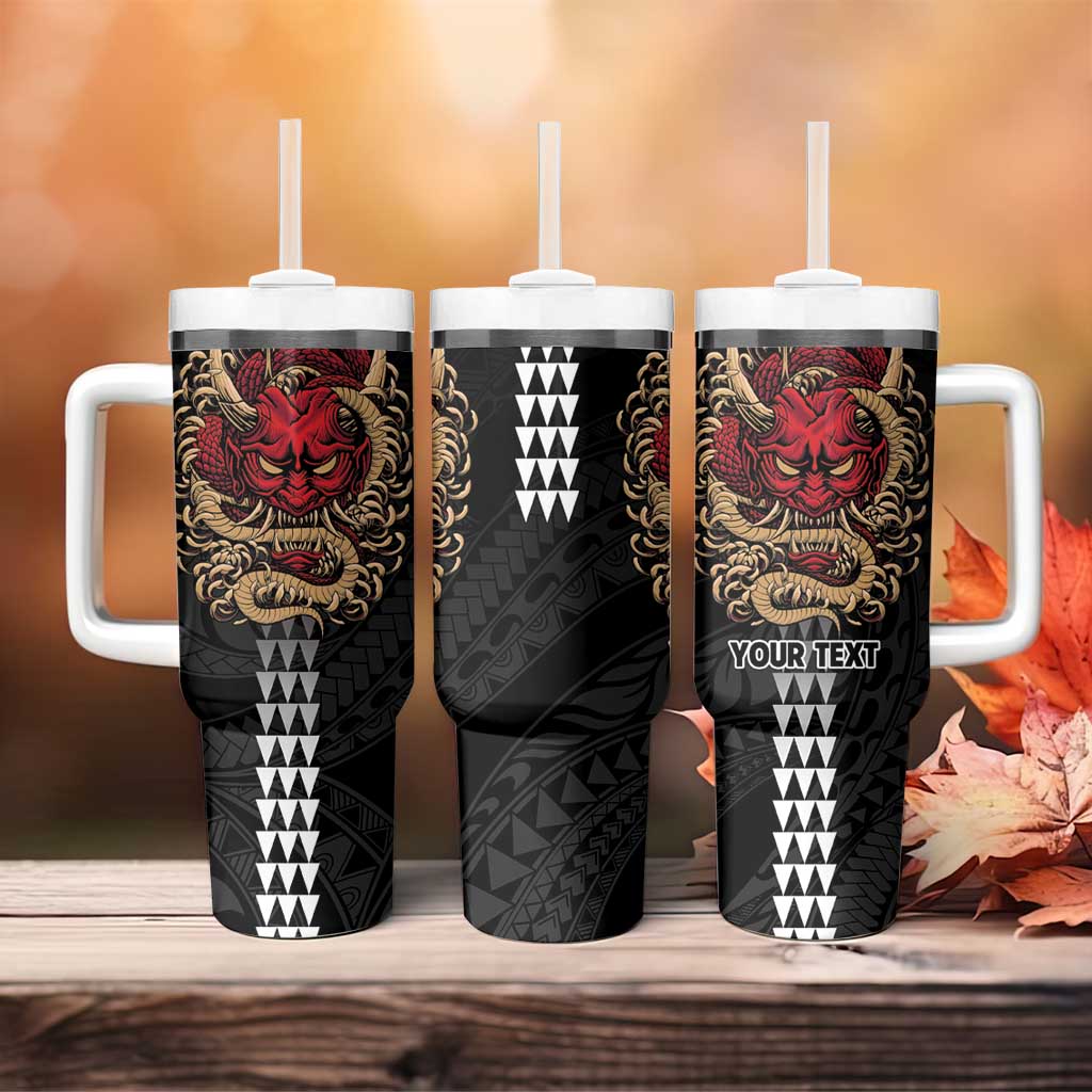 Hawaii and Japanese Oni Mask Personalised Tumbler With Handle Kakau Pattern Dark Art Style