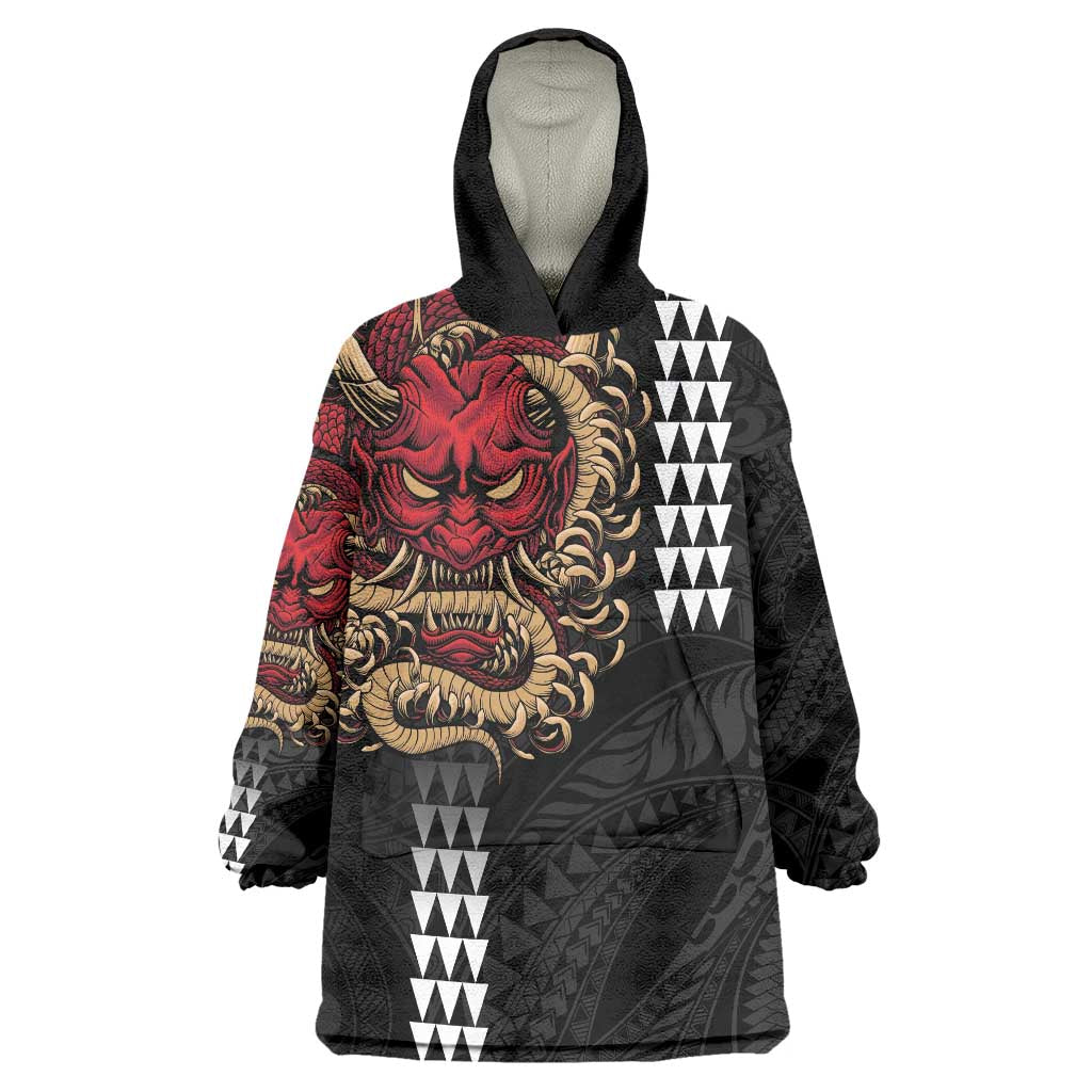 Hawaii and Japanese Oni Mask Personalised Wearable Blanket Hoodie Kakau Pattern Dark Art Style LT9 One Size Black - Polynesian Pride