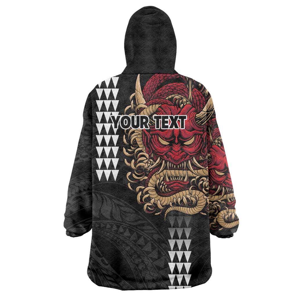 Hawaii and Japanese Oni Mask Personalised Wearable Blanket Hoodie Kakau Pattern Dark Art Style LT9 - Polynesian Pride