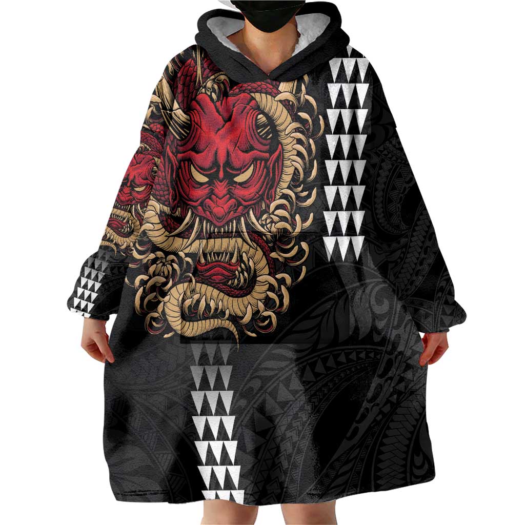 Hawaii and Japanese Oni Mask Personalised Wearable Blanket Hoodie Kakau Pattern Dark Art Style LT9 - Polynesian Pride