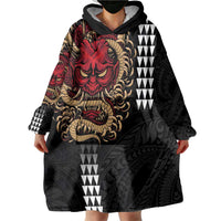 Hawaii and Japanese Oni Mask Personalised Wearable Blanket Hoodie Kakau Pattern Dark Art Style LT9 - Polynesian Pride