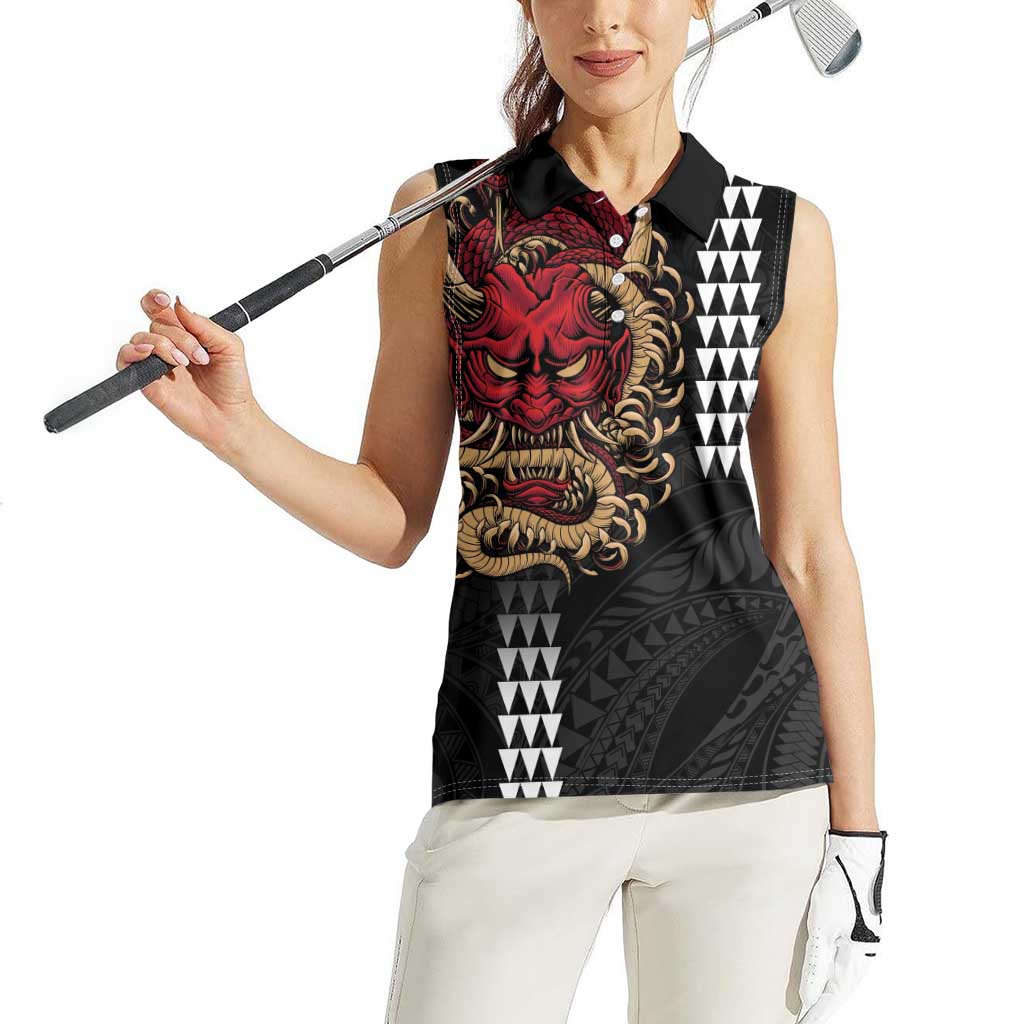 Hawaii and Japanese Oni Mask Personalised Women Sleeveless Polo Shirt Kakau Pattern Dark Art Style