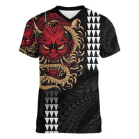 Hawaii and Japanese Oni Mask Personalised Women V-Neck T-Shirt Kakau Pattern Dark Art Style LT9 Female Black - Polynesian Pride