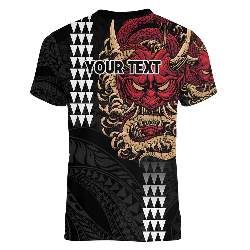 Hawaii and Japanese Oni Mask Personalised Women V-Neck T-Shirt Kakau Pattern Dark Art Style LT9 - Polynesian Pride