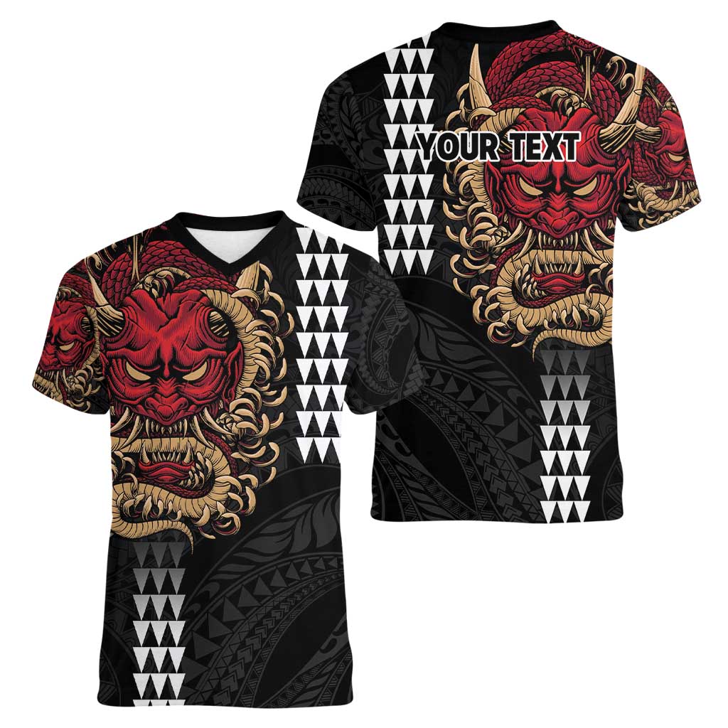 Hawaii and Japanese Oni Mask Personalised Women V-Neck T-Shirt Kakau Pattern Dark Art Style LT9 - Polynesian Pride