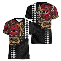 Hawaii and Japanese Oni Mask Personalised Women V-Neck T-Shirt Kakau Pattern Dark Art Style LT9 - Polynesian Pride