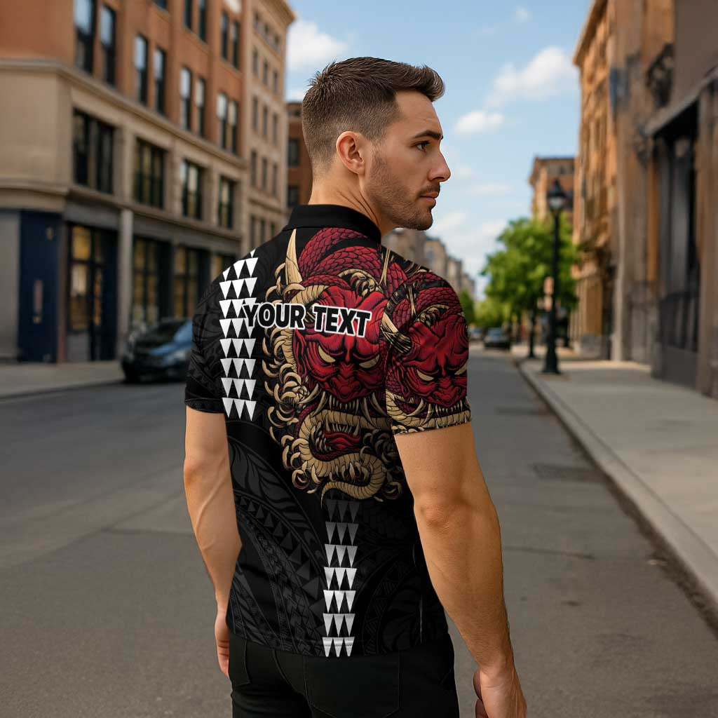 Hawaii and Japanese Oni Mask Personalised Zipper Polo Shirt Kakau Pattern Dark Art Style - Polynesian Pride