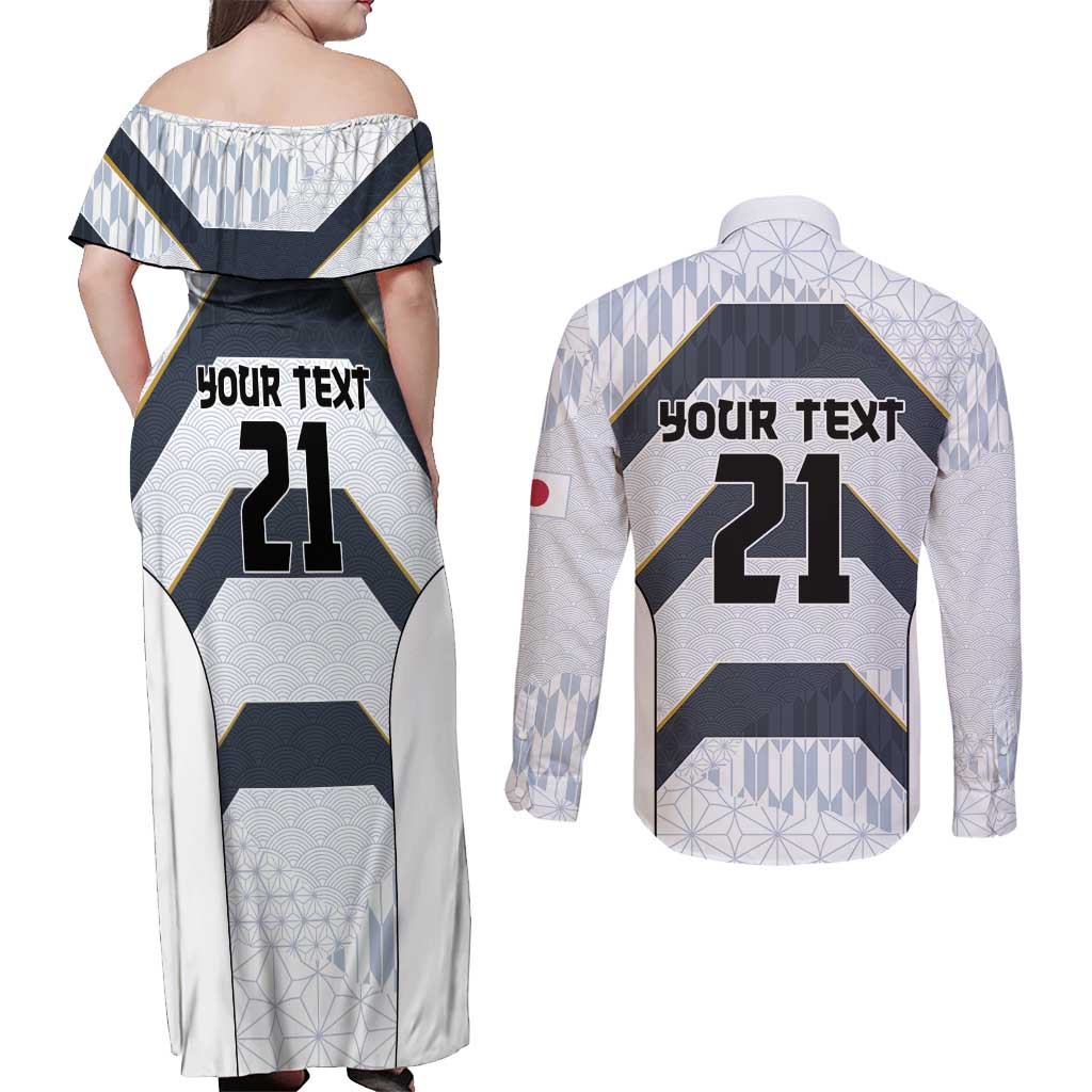 Japan Pacific Rugby 2022-23 Custom Couples Matching Off Shoulder Maxi Dress and Long Sleeve Button Shirt Black Sakura Japanese Wave Pattern