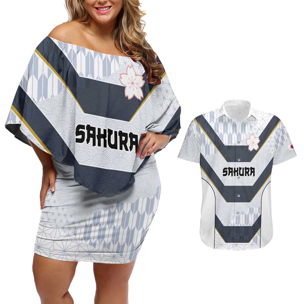Japan Pacific Rugby 2022-23 Custom Couples Matching Off Shoulder Short Dress and Hawaiian Shirt Black Sakura Japanese Wave Pattern