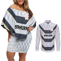 Japan Pacific Rugby 2022-23 Custom Couples Matching Off Shoulder Short Dress and Long Sleeve Button Shirt Black Sakura Japanese Wave Pattern