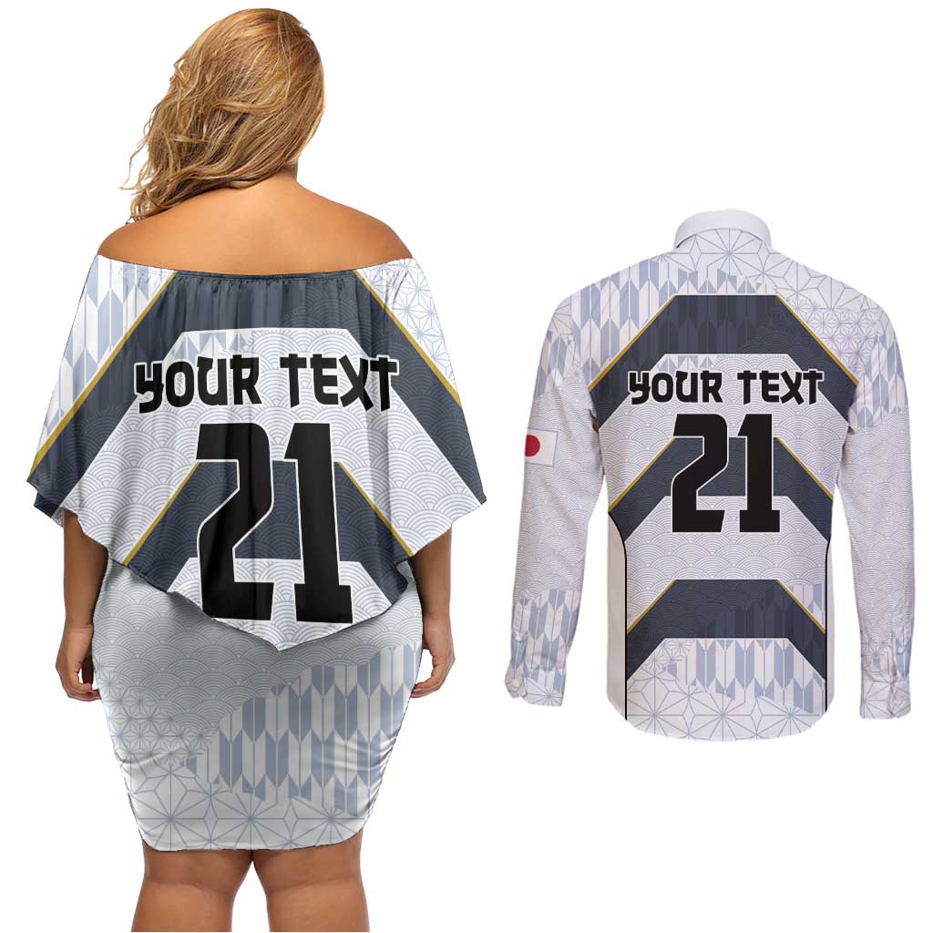 Japan Pacific Rugby 2022-23 Custom Couples Matching Off Shoulder Short Dress and Long Sleeve Button Shirt Black Sakura Japanese Wave Pattern