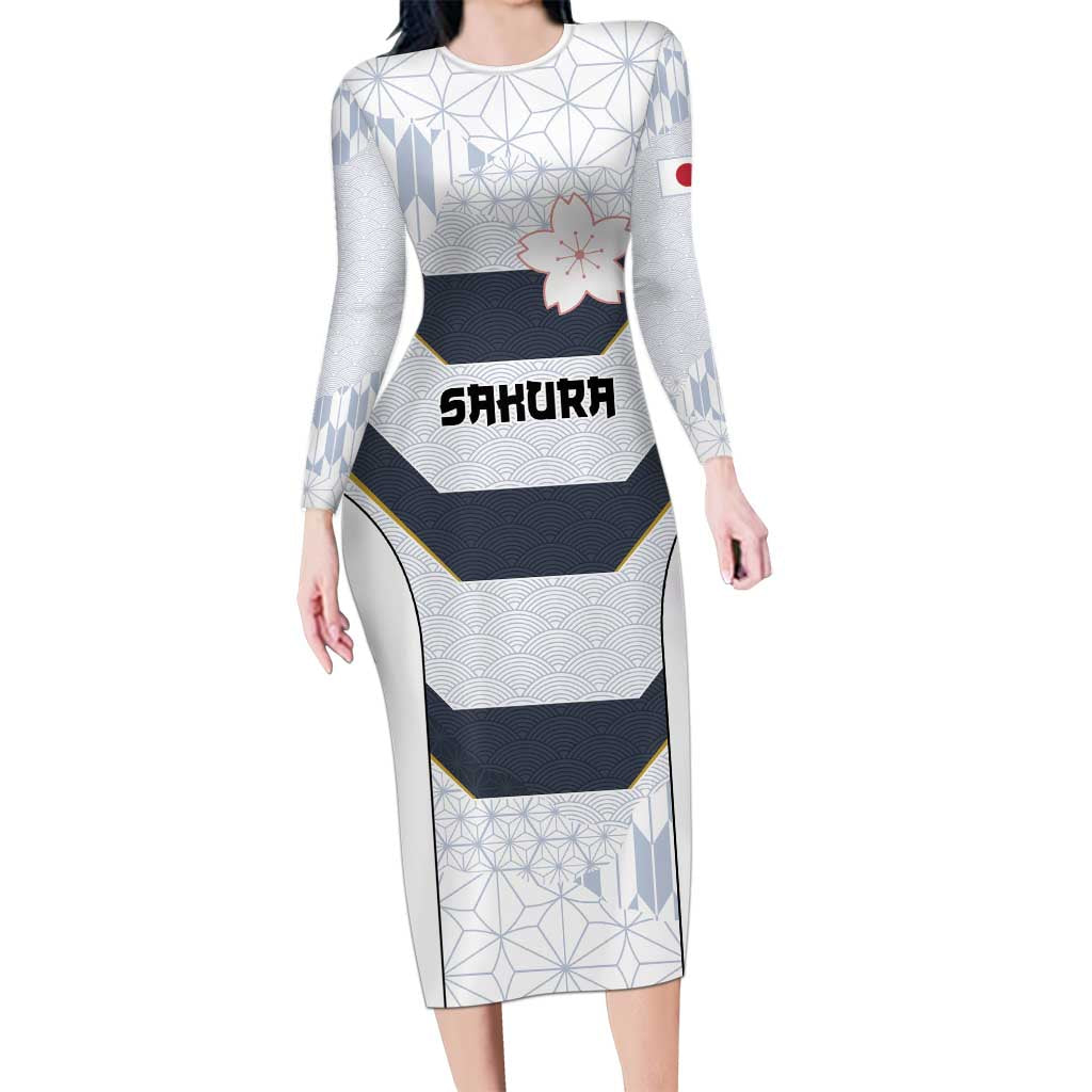 Japan Pacific Rugby 2022-23 Custom Long Sleeve Bodycon Dress Black Sakura Japanese Wave Pattern LT9 Long Dress Black - Polynesian Pride