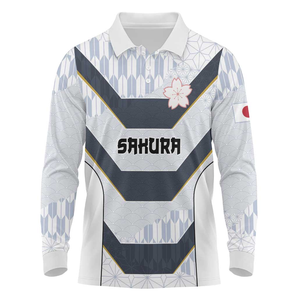 Japan Pacific Rugby 2022-23 Custom Long Sleeve Polo Shirt Black Sakura Japanese Wave Pattern LT9 Black - Polynesian Pride