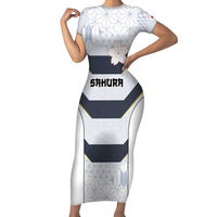 Japan Pacific Rugby 2022-23 Custom Short Sleeve Bodycon Dress Black Sakura Japanese Wave Pattern LT9 Long Dress Black - Polynesian Pride