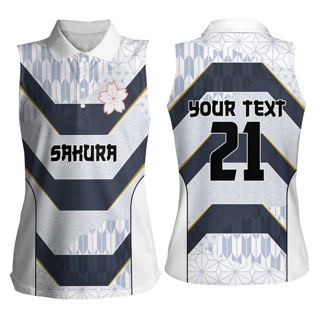 Japan Pacific Rugby 2022-23 Custom Women Sleeveless Polo Shirt Black Sakura Japanese Wave Pattern LT9 - Polynesian Pride