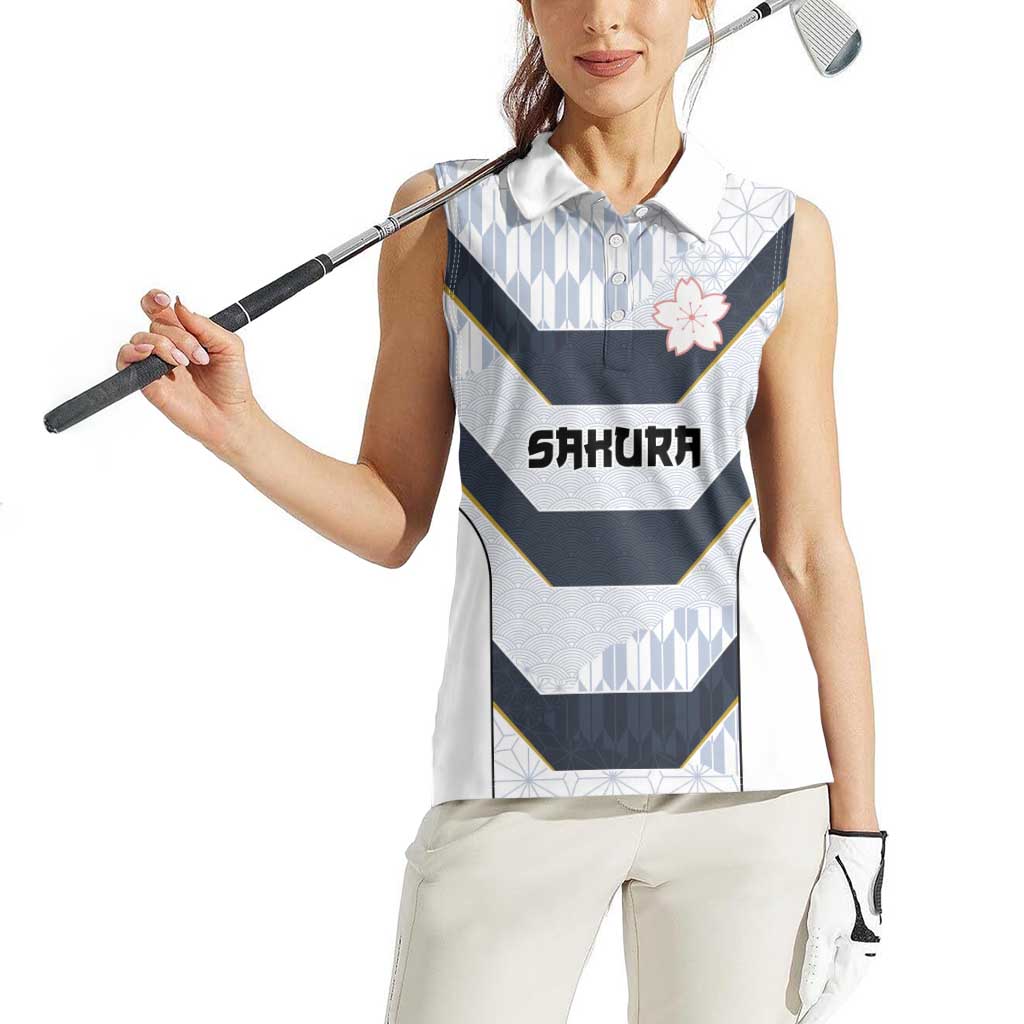 Japan Pacific Rugby 2022-23 Custom Women Sleeveless Polo Shirt Black Sakura Japanese Wave Pattern LT9 - Polynesian Pride
