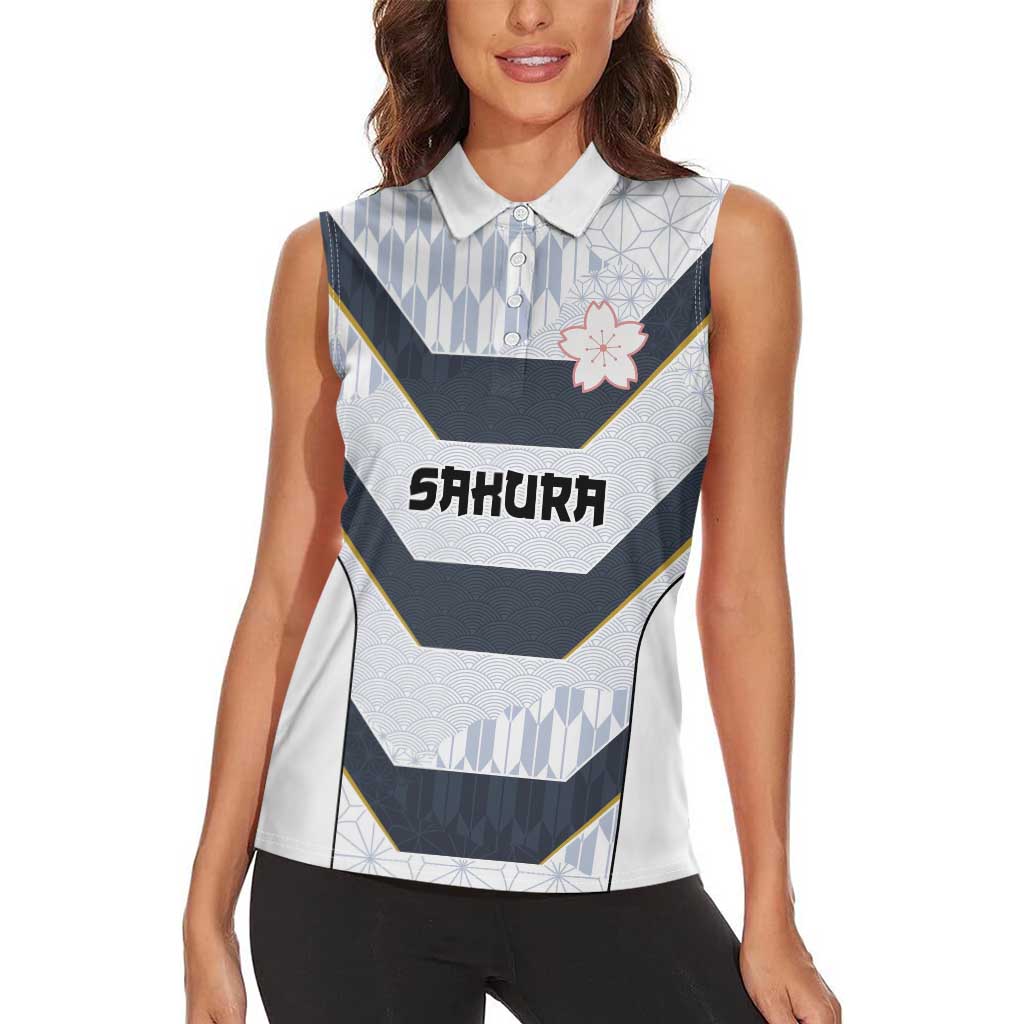Japan Pacific Rugby 2022-23 Custom Women Sleeveless Polo Shirt Black Sakura Japanese Wave Pattern LT9 - Polynesian Pride